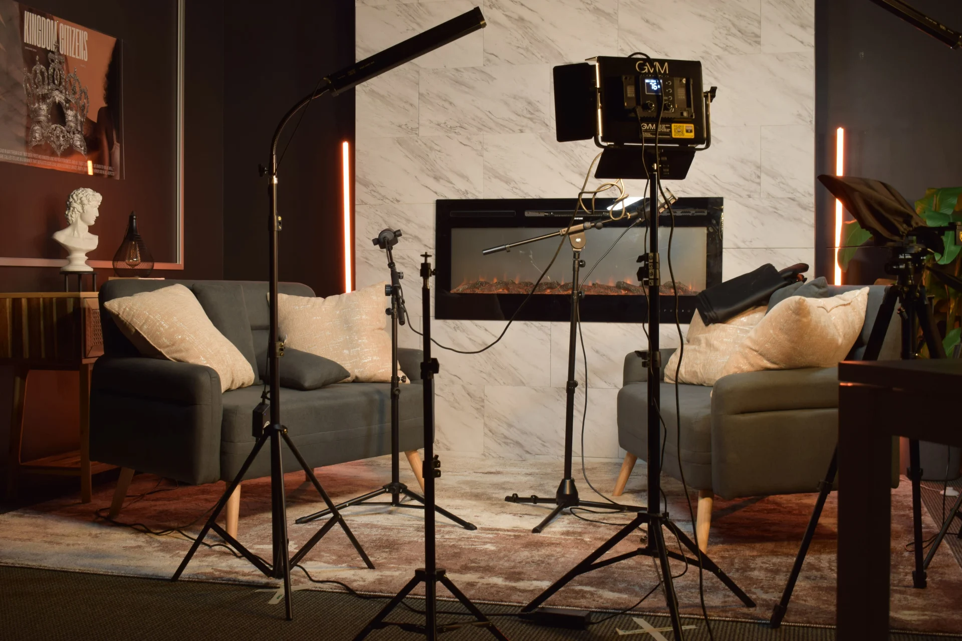 Lights and mics set up for a two-person shoot